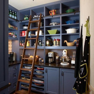 Inspiration for a large country u-shaped kitchen pantry in Chicago with recessed-panel cabinets, blue cabinets, blue splashback, timber splashback, brick floors and no island.