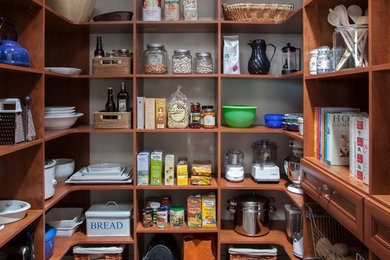 Inspiration for a large traditional kitchen pantry in Charleston with open cabinets, concrete flooring and grey floors.