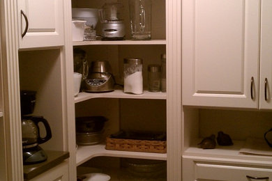 Example of a mid-sized classic l-shaped kitchen pantry design in Detroit with raised-panel cabinets, beige cabinets, laminate countertops and no island
