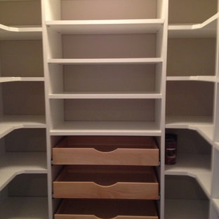 Mid-sized transitional u-shaped kitchen pantry in Other with open cabinets and white cabinets.