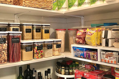 Mid-sized trendy l-shaped kitchen pantry photo in Toronto with white cabinets