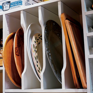 Design ideas for a large transitional l-shaped kitchen pantry in Columbus with open cabinets, white cabinets, medium hardwood floors and no island.