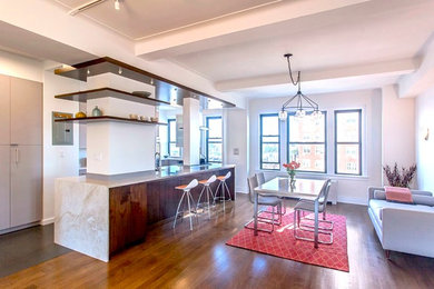 ニューヨークにある広いモダンスタイルのおしゃれなキッチン (アンダーカウンターシンク、フラットパネル扉のキャビネット、ベージュのキャビネット、クオーツストーンカウンター、白いキッチンパネル、ガラス板のキッチンパネル、シルバーの調理設備、無垢フローリング) の写真