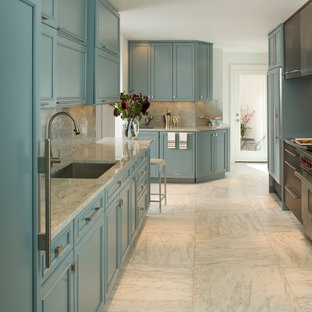 Photo of a mid-sized transitional l-shaped separate kitchen in Dallas with a single-bowl sink, beaded inset cabinets, green cabinets, granite benchtops, multi-coloured splashback, stone slab splashback, panelled appliances, marble floors and no island.