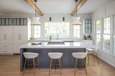 Inspiration for a mid-sized farmhouse light wood floor and beige floor kitchen remodel in Raleigh with a farmhouse sink, white cabinets, quartzite countertops, white backsplash, subway tile backsplash, paneled appliances, an island, white countertops and glass-front cabinets