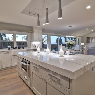 This is an example of a modern l-shaped eat-in kitchen in San Francisco with a farmhouse sink, shaker cabinets, white cabinets, quartzite benchtops, white splashback, porcelain splashback, stainless steel appliances, light hardwood floors, with island and green floor.