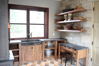 Inspiration for a mid-sized rustic ceramic tile and multicolored floor enclosed kitchen remodel in Chicago with a farmhouse sink, open cabinets, medium tone wood cabinets and concrete countertops