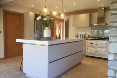 Medium sized contemporary l-shaped open plan kitchen in Other with an integrated sink, flat-panel cabinets, grey cabinets, quartz worktops, grey splashback, glass sheet splashback, white appliances, limestone flooring, an island, grey floors and white worktops.