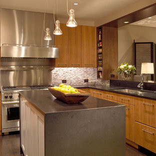 Example of a mid-sized trendy u-shaped dark wood floor kitchen design in Chicago with an undermount sink, flat-panel cabinets, medium tone wood cabinets, granite countertops, stainless steel appliances and an island