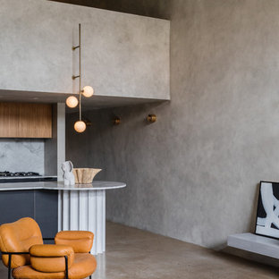 Small modern kitchen in Sydney with concrete floors and grey floor.