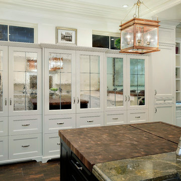Perimeter Cabinetry with Deocrative Mirror Inserts