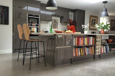 Foto de cocina comedor actual con fregadero bajoencimera, electrodomésticos con paneles, suelo de cemento y una isla
