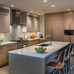 Mid-sized contemporary l-shaped open plan kitchen in Chicago with an undermount sink, flat-panel cabinets, brown cabinets, recycled glass benchtops, grey splashback, stone slab splashback, panelled appliances, concrete floors and with island.