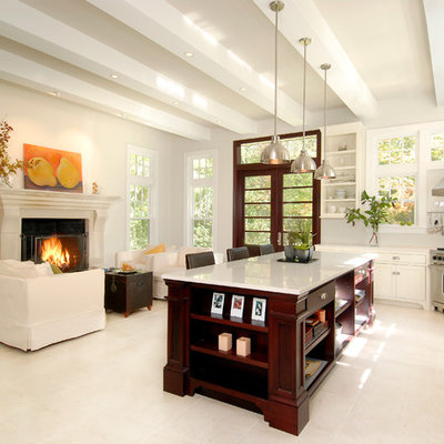 Inspiration for a timeless open concept kitchen remodel in Boston with shaker cabinets, white cabinets and stainless steel appliances