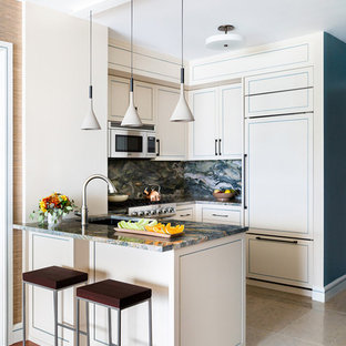 Inspiration for a small transitional u-shaped kitchen in New York with an undermount sink, quartzite benchtops, multi-coloured splashback, stone slab splashback, panelled appliances, limestone floors, beige floor, multi-coloured benchtop, recessed-panel cabinets, beige cabinets and a peninsula.