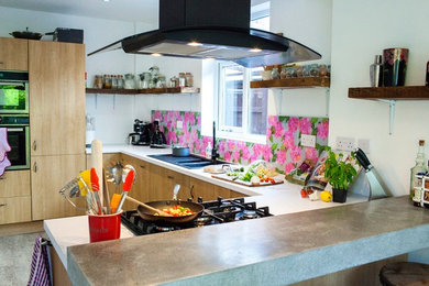 Bohemian kitchen in Other with pink splashback and glass sheet splashback.