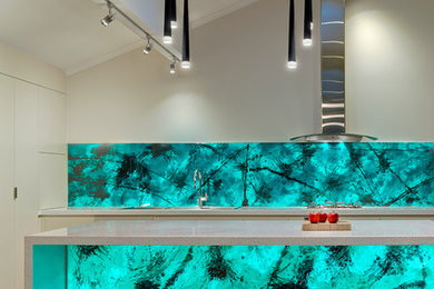 Inspiration for a contemporary kitchen in Adelaide with blue splashback and an island.