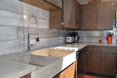 Plank-Form Concrete Backsplash, Apron Farmer's Sink + Built-in Draining Board