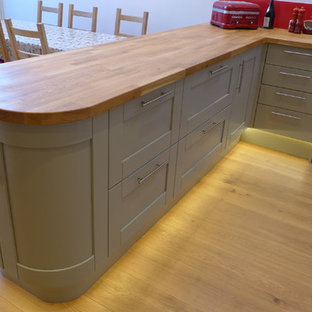 Design ideas for a mid-sized contemporary u-shaped open plan kitchen in Other with a farmhouse sink, shaker cabinets, green cabinets, wood benchtops, red splashback, glass sheet splashback, stainless steel appliances and medium hardwood floors.