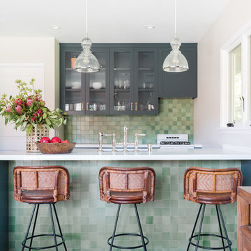 Pool House Small Green Kitchen with Barstools