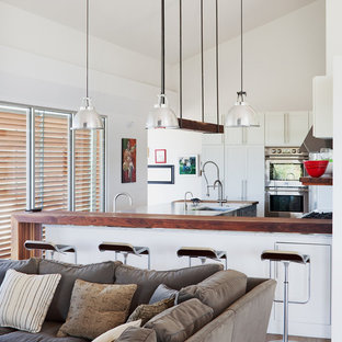 Open concept kitchen - modern open concept kitchen idea in Kansas City with wood countertops, flat-panel cabinets and white cabinets