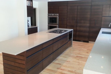 Foto de cocina de estilo americano con fregadero bajoencimera, armarios con paneles lisos, puertas de armario de madera en tonos medios y suelo de madera clara