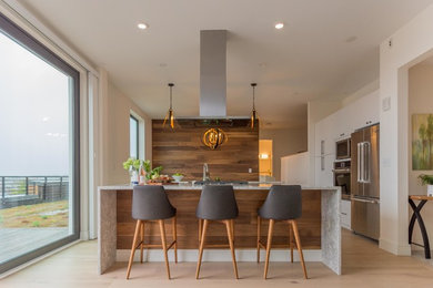 Example of a mid-sized trendy u-shaped light wood floor and beige floor open concept kitchen design in Portland Maine with a farmhouse sink, flat-panel cabinets, white cabinets, granite countertops, stainless steel appliances, two islands and gray countertops