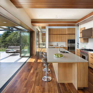 Immagine di una cucina moderna con lavello sottopiano, ante lisce, ante in legno scuro, paraspruzzi bianco, elettrodomestici in acciaio inossidabile, parquet scuro, isola e pavimento marrone