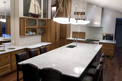Eat-in kitchen - mid-sized contemporary l-shaped light wood floor and beige floor eat-in kitchen idea in Other with an undermount sink, recessed-panel cabinets, light wood cabinets, marble countertops, mirror backsplash, paneled appliances and an island