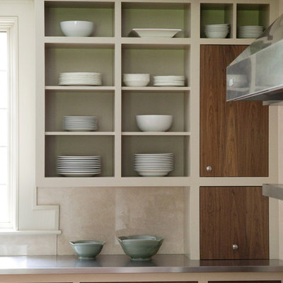 Mountain style kitchen photo in Boston with open cabinets