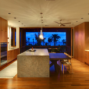 Modern kitchen ideas - Kitchen - modern galley kitchen idea in Tampa with flat-panel cabinets, medium tone wood cabinets, beige backsplash and paneled appliances