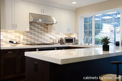 Example of a mid-sized trendy u-shaped dark wood floor and brown floor open concept kitchen design in San Francisco with a single-bowl sink, quartz countertops, multicolored backsplash, glass tile backsplash, stainless steel appliances, a peninsula and white countertops