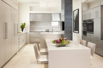 Example of a large minimalist u-shaped porcelain tile open concept kitchen design in St Louis with flat-panel cabinets, gray cabinets, granite countertops, an island and stainless steel appliances