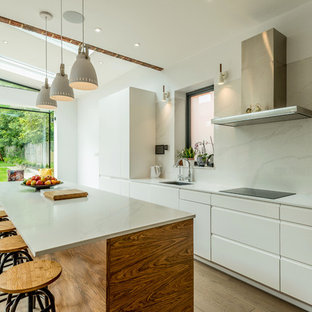 Design ideas for a contemporary kitchen in London with medium hardwood flooring and brown floors.