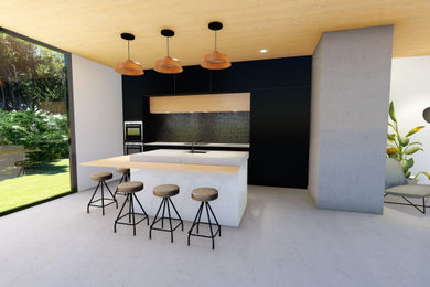 Kitchen - contemporary concrete floor kitchen idea in Other with an undermount sink, black cabinets, concrete countertops, black backsplash and ceramic backsplash