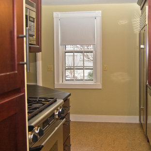 Mid-sized transitional enclosed kitchen designs - Mid-sized transitional galley linoleum floor enclosed kitchen photo in Providence with an undermount sink, shaker cabinets, dark wood cabinets, soapstone countertops, stainless steel appliances, no island, red backsplash and brick backsplash