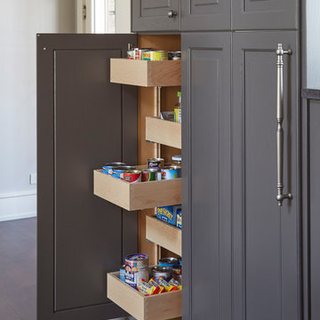Pull Out Pantry Shelves in Gray Kitchen Armoire