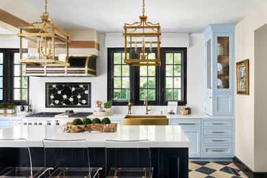 Eat-in kitchen - large traditional eat-in kitchen idea in Chicago with recessed-panel cabinets, blue cabinets, quartz countertops, an island and white countertops