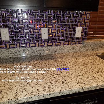 Purple Glass Silver Metal Stainless Steel Kitchen Wall Tile SSMT025