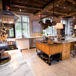 Huge industrial open concept kitchen ideas - Huge urban l-shaped marble floor and gray floor open concept kitchen photo in Philadelphia with stainless steel appliances, marble countertops, a farmhouse sink, shaker cabinets, white cabinets, an island and white countertops