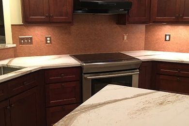 Example of a mid-sized transitional u-shaped linoleum floor and multicolored floor eat-in kitchen design in Other with an undermount sink, raised-panel cabinets, quartz countertops, metallic backsplash, stainless steel appliances and an island