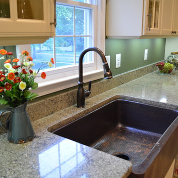 quartz countertop with copper farm sink