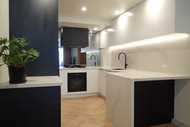 Photo of a small contemporary u-shaped kitchen in Sydney with flat-panel cabinets and no island.