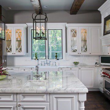 Raised Panel, White Cabinet Kitchen with Oversize Island, Hand Hewn Ceiling Beam