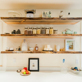 This is an example of a mid-sized midcentury u-shaped kitchen in Portland with an undermount sink, flat-panel cabinets, grey cabinets, concrete benchtops and stainless steel appliances.