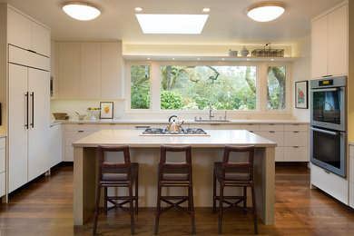 Inspiration for a transitional l-shaped dark wood floor kitchen remodel in San Francisco with an undermount sink, flat-panel cabinets, white cabinets and an island