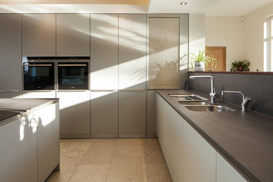 Design ideas for an expansive contemporary u-shaped open plan kitchen in Belfast with an island.