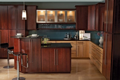 Example of a large trendy l-shaped light wood floor and beige floor open concept kitchen design in Los Angeles with an undermount sink, flat-panel cabinets, dark wood cabinets, quartz countertops, blue backsplash, stainless steel appliances and an island