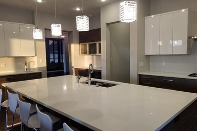 Inspiration for a large modern u-shaped dark wood floor and brown floor open concept kitchen remodel in Little Rock with a double-bowl sink, flat-panel cabinets, white cabinets, quartzite countertops, stainless steel appliances and an island
