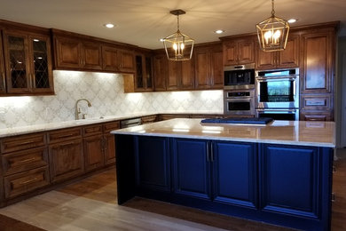 Large transitional l-shaped medium tone wood floor and brown floor open concept kitchen photo in Little Rock with an undermount sink, raised-panel cabinets, medium tone wood cabinets, quartzite countertops, white backsplash, stainless steel appliances and an island